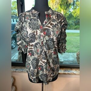 Tribal DeNime Green Floral Patterned 100% Cotton Collar Blouse Size Medium